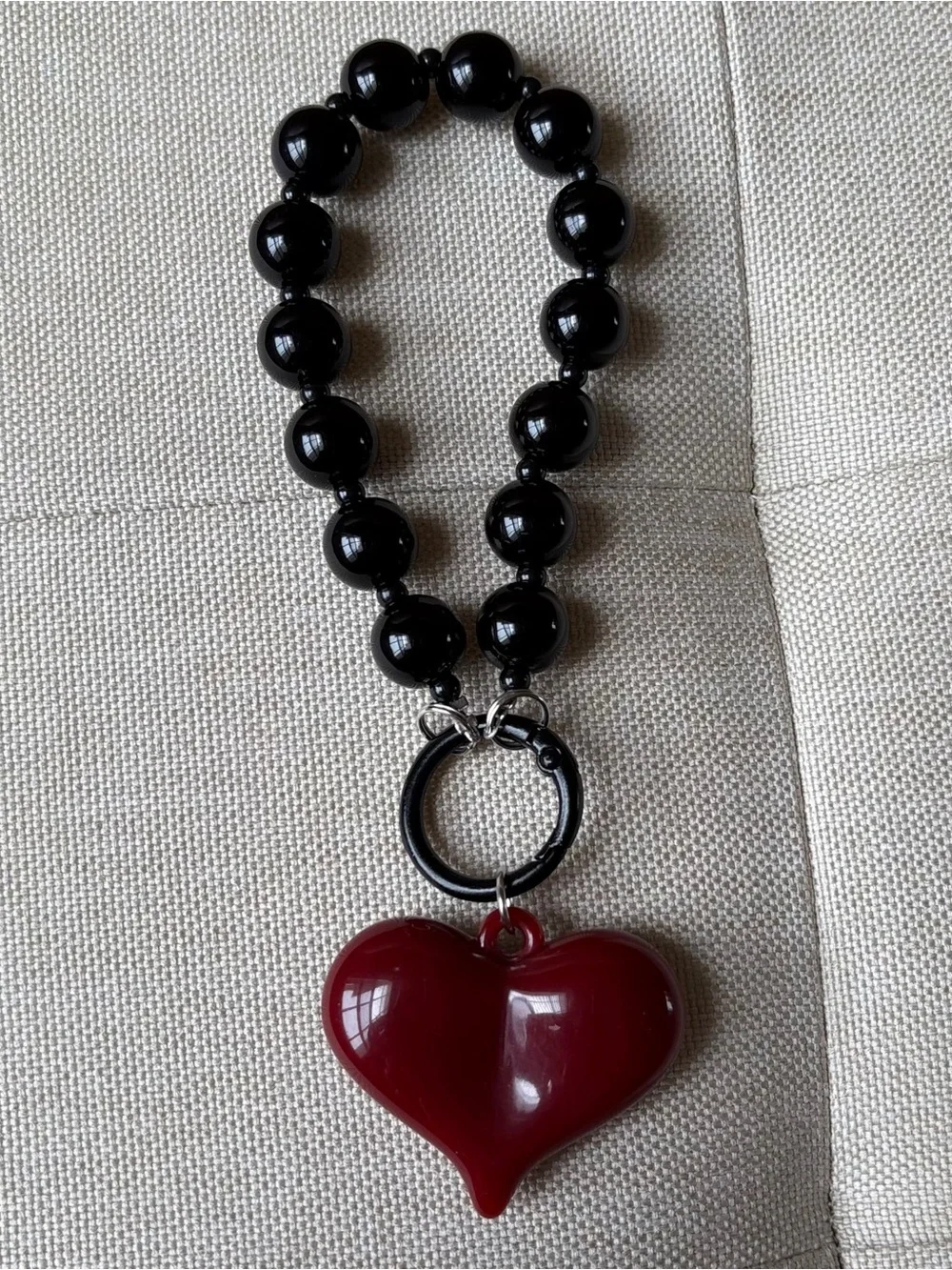 Black Beaded Bracelet/Keychain with Red Heart Charm